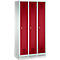 A three-door locker with red doors, silver handles and ventilation slots, surrounded by a white frame.