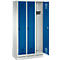 Steel locker with blue doors, one door is open. The cabinet has holes and a lock on each door.