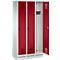 A white and red locker, one door open.