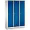 Three-section cabinet with blue doors. White frames and metal handles.