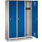 Three-section locker in gray and blue, one door open. Ventilation holes at the top and bottom, coat rack. Details: door handles.