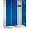 Cabinet with blue doors. One door is open, behind it hooks for clothes.