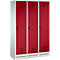 Triple locker with red doors, white frames, and ventilation slots. Each cabinet has a lock.