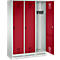 White and red locker, one door open. Red doors with holes, black locks. Hook bar inside.