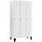 White three-door locker with silver handles and ventilation slots, standing on black legs.
