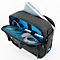 Sacoche d'ordinateur portable noir avec doublure bleue, ouvert. Un ordinateur portable et des accessoires sont visibles.