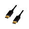 Zwei schwarze DisplayPort-Kabelenden mit goldenen Steckern vor einem weißen Hintergrund.