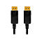 Zwei schwarze DisplayPort-Stecker mit goldenen Anschlüssen vor weißem Hintergrund.
