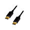 Zwei schwarze DisplayPort-Kabelenden mit goldfarbenen Anschlüssen vor weißem Hintergrund.