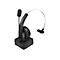 Schwarzes Mono-Headset von LogiLink auf einer quadratischen Ladestation vor weißem Hintergrund.