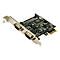 PCIe-Steckkarte mit schwarzer Leiterplatte und zwei seriellen Anschlüssen vor weißem Hintergrund.