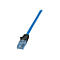 Blaues Netzwerkkabel mit RJ45-Stecker und schwarzer Knickschutztülle auf weißem Hintergrund.