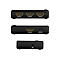 Drei Ansichten eines schwarzen HDMI-Switchers mit Input-, Output-, Strom- und IR-Anschlüssen.