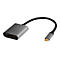 Grauer USB-C-auf-DisplayPort-Adapter mit kurzem schwarzem Kabel vor weißem Hintergrund.