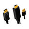 DisplayPort- und HDMI-Kabelstecker mit schwarzen Kunststoffgehäusen und goldfarbenen Anschlüssen vor weißem Hintergrund.