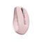 Souris sans fil rose clair de Logitech avec molette de défilement et logo.