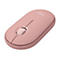 Souris sans fil rose clair de Logitech avec logo. Molette et deux boutons visibles.