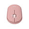 Souris sans fil rose clair de Logitech, vue de dessus. Logo en haut. Molette de défilement et boutons de la souris visibles.