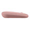 Souris d'ordinateur rose clair, vue latérale, forme arrondie avec molette.