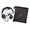 Casque noir avec câble gris et sac de rangement. Le casque et le sac portent le logo 'logi'.