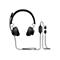 Casque noir avec microphone et câble qui se transforme en un élément de contrôle avec boutons et connecteurs USB.