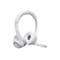 Casque blanc, présenté légèrement en biais de côté, avec des coussinets d'oreille souples et un microphone.