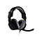Casque de jeu noir avec des oreillettes et un bandeau rembourrés gris. Un microphone est fixé.