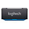 Schwarze Logitech-Basisstation mit Logo und blauem Akzentstreifen vor weißem Hintergrund.