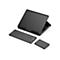 Schwarzes Logitech iPad-Zubehör-Set, bestehend aus Tastatur, Trackpad und Ständer, vor weißem Hintergrund.