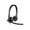 Casque noir avec serre-tête et microphone, sur fond blanc.