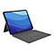 Ein Tablet mit Tastatur in grauer Farbe, auf weiÃŸem Hintergrund. Der Bildschirm zeigt blaue Wellen.