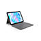 Graues Tablet mit Tastatur vor weißem Hintergrund. Bildschirm mit blau-lila Wasser-Design.