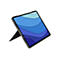 Ein Tablet, grau gerahmt, mit StÃ¤nder. Bildschirm mit blauem Wellenmuster.