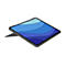 Ein Tablet mit blauem Wellenhintergrund und dunklem Rahmen, auf einem StÃ¤nder platziert.