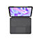Draufsicht auf ein Tablet mit angedockter Tastatur. Bildschirm mit violettem Hintergrund. Das Keyboard hat ein Trackpad.