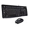 Schwarze Logitech-Tastatur mit zugehöriger Maus. Buchstaben und Zahlen sind deutlich erkennbar. Das Set ist auf weißem Hintergrund abgebildet.