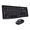 Schwarze Tastatur und Maus. Die Tastatur hat die Marke Logitech. Das Mausrad und die Tasten sind deutlich sichtbar.