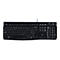Schwarze Logitech K120 Tastatur mit weißen Beschriftungen, isoliert auf weißem Hintergrund.