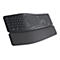 Schwarze, ergonomische Tastatur mit Handgelenkauflage. Buchstaben und Logos sind zu erkennen.