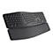 Schwarze ergonomische Tastatur mit Handgelenkauflage. Tastatur-Layout und Logo erkennbar.