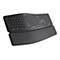 Ergonomische schwarze Tastatur mit Handgelenkauflage. Das Logitech-Logo ist oben.