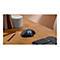 Ein ergonomischer Trackball-Maus auf einem Holztisch. Daneben: Tastatur, Stifte und Dekoration.