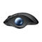 Schwarze Trackball-Maus mit blauer Kugel. Das Design ist ergonomisch.