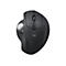 Drahtlose ergonomische Maus in Schwarz mit Trackball. Logo Logitech, Knöpfe, Scrollrad.