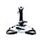 Ein Joystick, grau-schwarz, auf weiÃŸem Hintergrund. Er hat einen Griff, KnÃ¶pfe und einen breiten StandfuÃŸ.