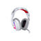 Weißes Gaming-Headset mit roten und grauen Akzenten. Das Headset hat eine gepolsterte Innenseite und Ohrmuscheln. Auf einer Ohrmuschel ist ein rotes "L" zu sehen.