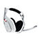 Weißes Gaming-Headset, schwarze Ohrmuschelabdeckung, Mikrofon.