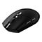 Schwarze Gaming-Maus mit Scrollrad, seitlichen Tasten und Logo.