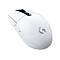 Weisse Computermaus von Logitech. Schwarzes Scrollrad und Logo.
