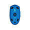 Blaue Logitech-Maus von unten, mit Logo und Modellbezeichnung.